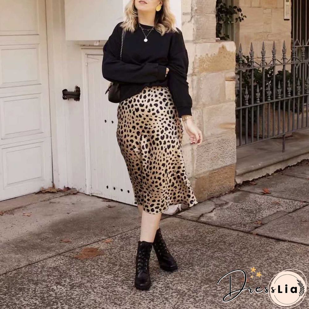 Retro Elastic Band High Waisted Leopard Print Satin Midi Skirt