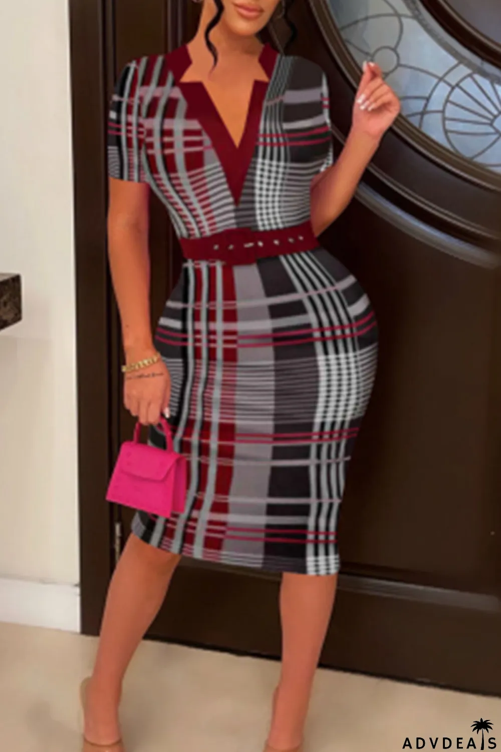 Burgundy Casual Print Patchwork V Neck Pencil Skirt Dresses