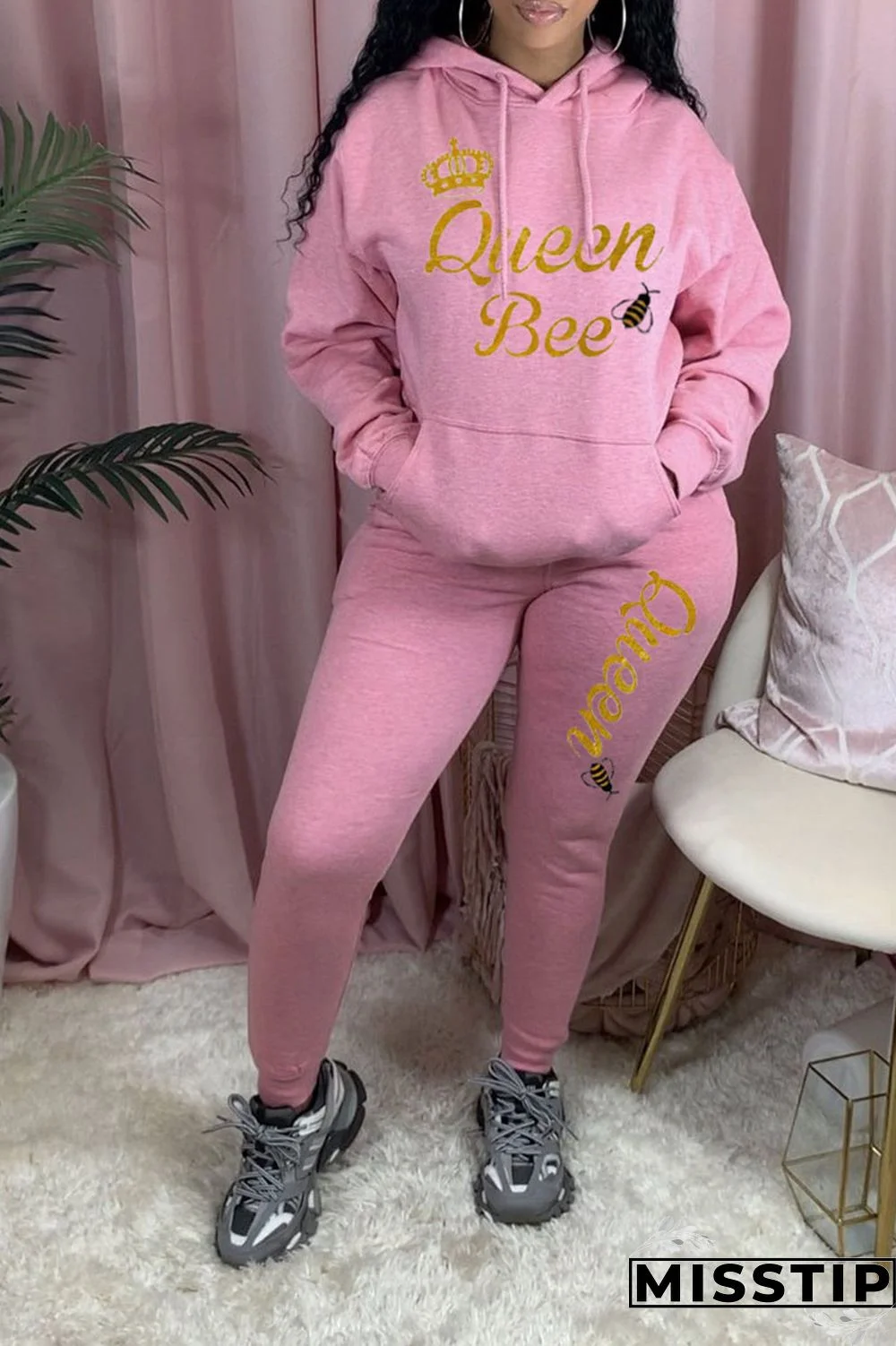 Grey Casual Print Patchwork Hooded Collar Long Sleeve Two Pieces