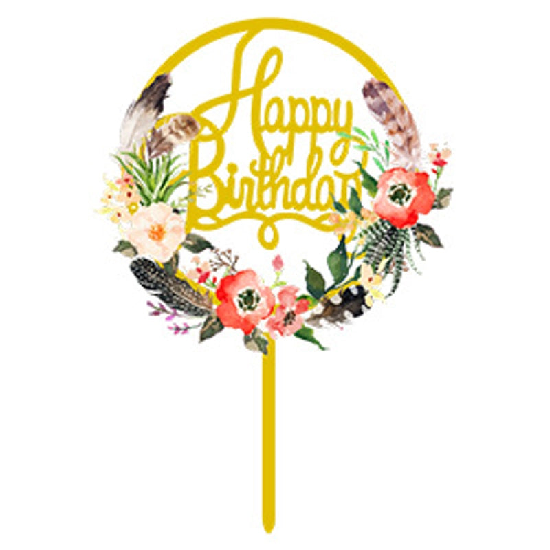 Acrylic Cake Topper Ins Style Floral Uv Color Printing Happy Birthday Dessert Decoration Plugin