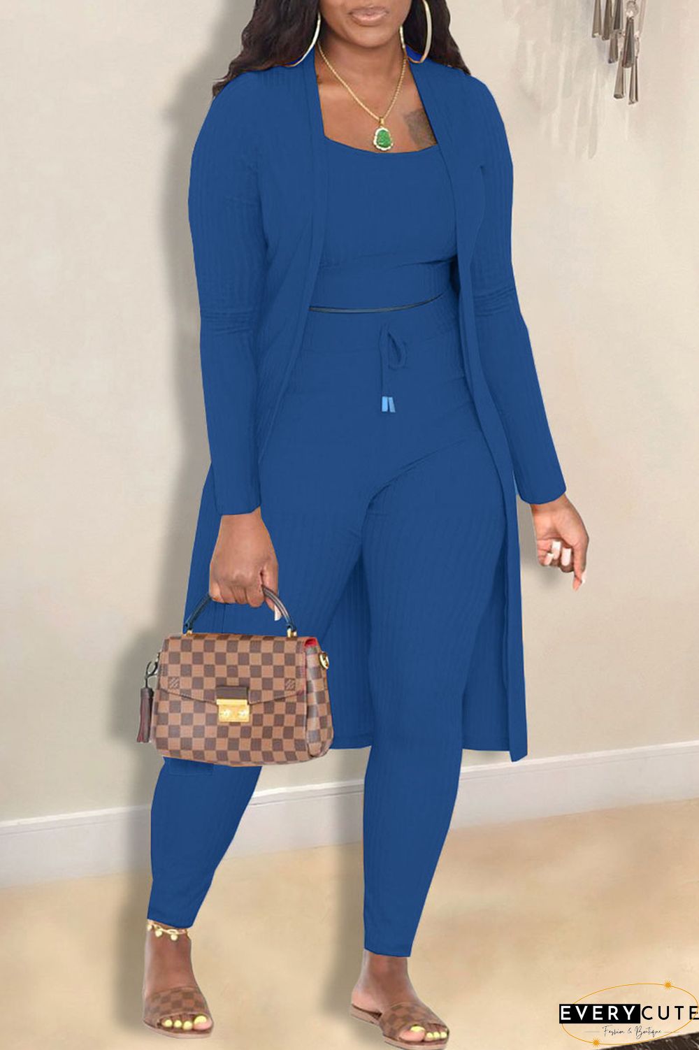 Casual Solid Cardigan Vests Pants Long Sleeve Three Piece Set