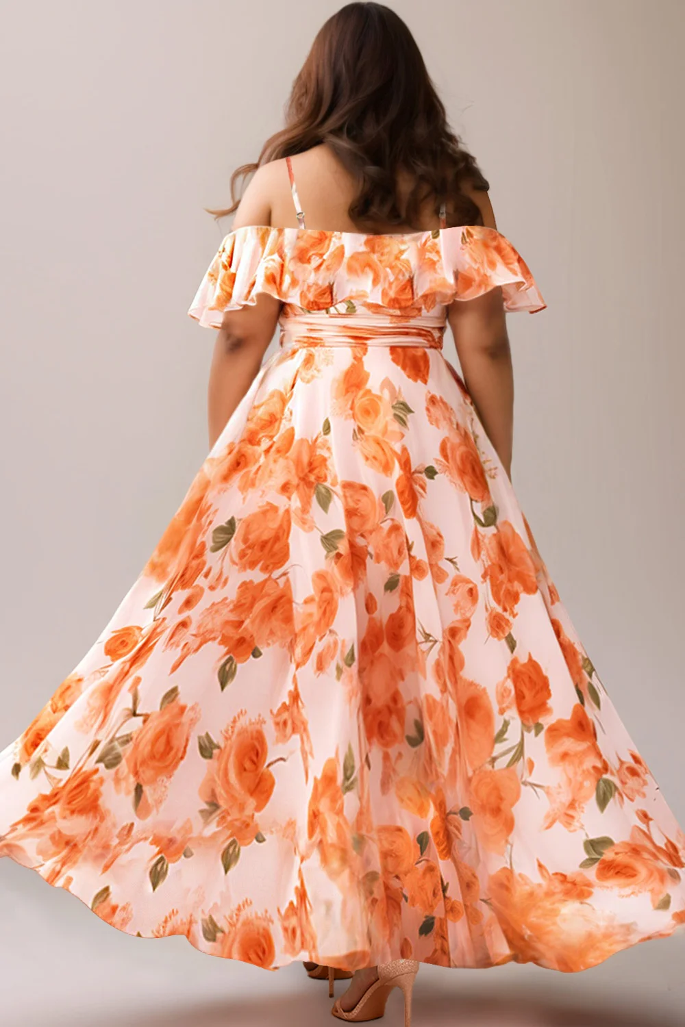 Flycurvy Plus Size Vacation Orange Chiffon Floral Print Cold Shoulder High Low Hem Maxi Dress