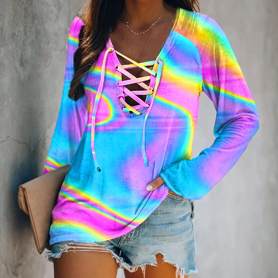 Color Tie-dye Lace Up Long Sleeve T-shirt