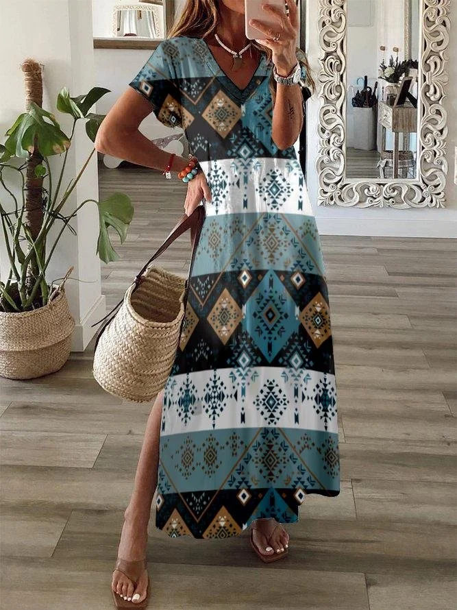 Casual Loose Print V-neck Short Sleeve Long Dress