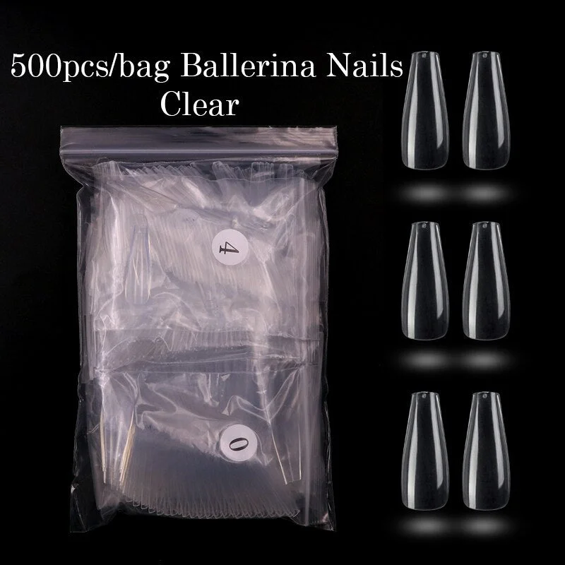 Lamemoria 500pcs Long Ballerina Full Nail Tips Acrylic Press on Fake Nails Coffin Shape Professional False Nails DIY Salon Tools-Nail Inspo