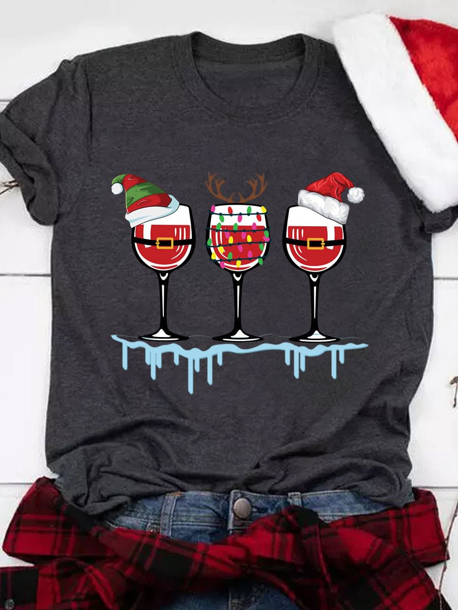 Santa Wine Glasses Print T-Shirt