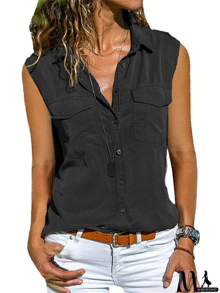 MidiSono - Womens Summer Casual Lapel Collar Button Front Sleeveless Blouses