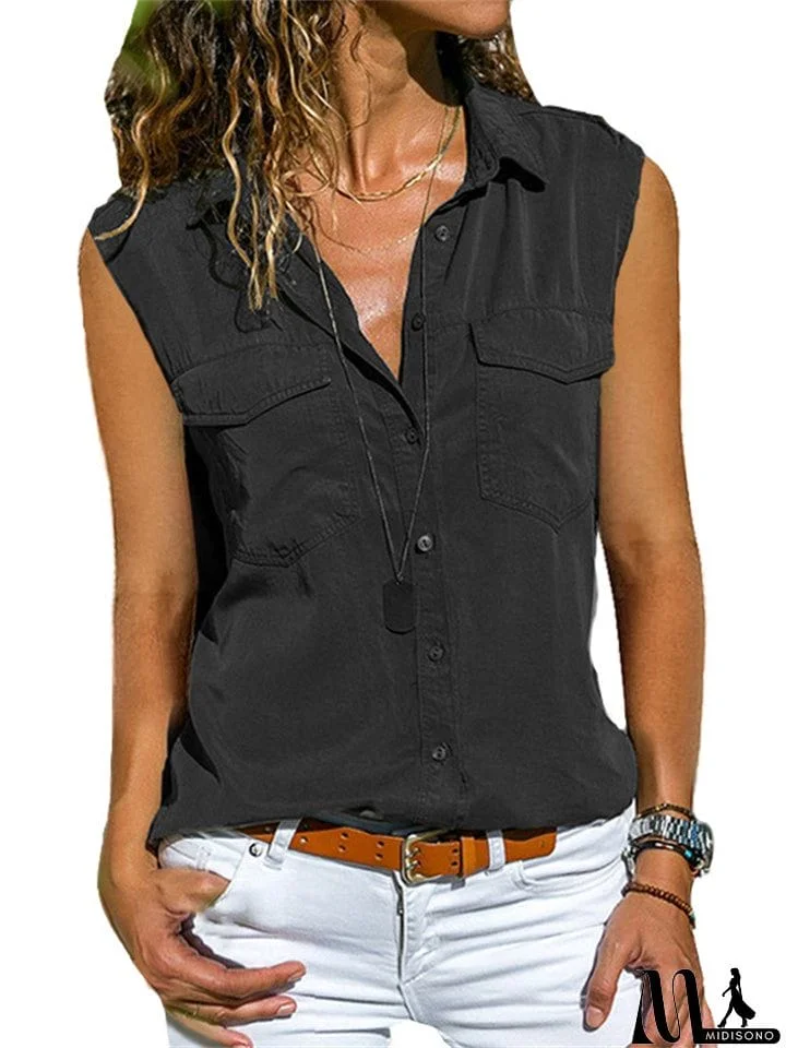 Womens Summer Casual Lapel Collar Button Front Sleeveless Blouses