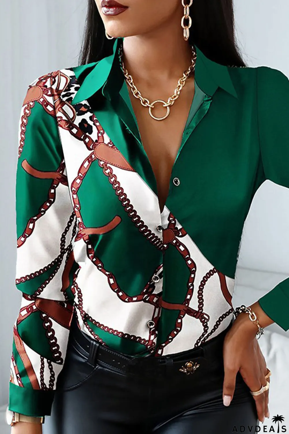 Red Black Casual Print Patchwork Buckle Turndown Collar Tops