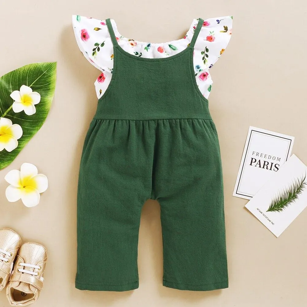 2 Pcs Infant Casual Outfits, Baby Girl Ruffle Off Shoulder Floral Crop Top + Tie Up Solid Color Overalls 1-6T