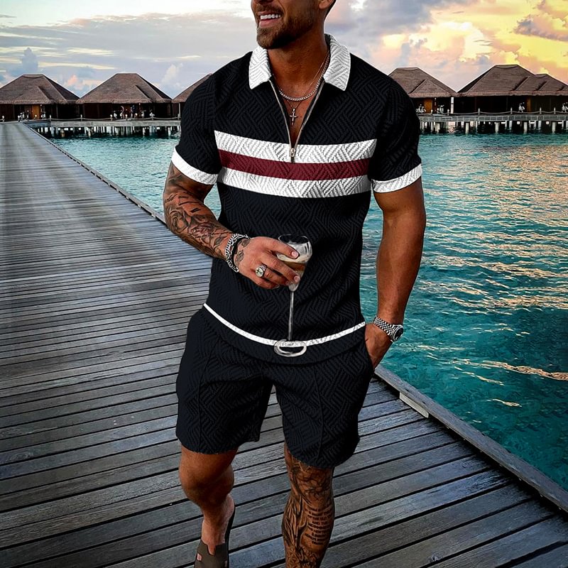 Fashion Color Contrast Navy Blue Polo Shirt And Short Co-Ord