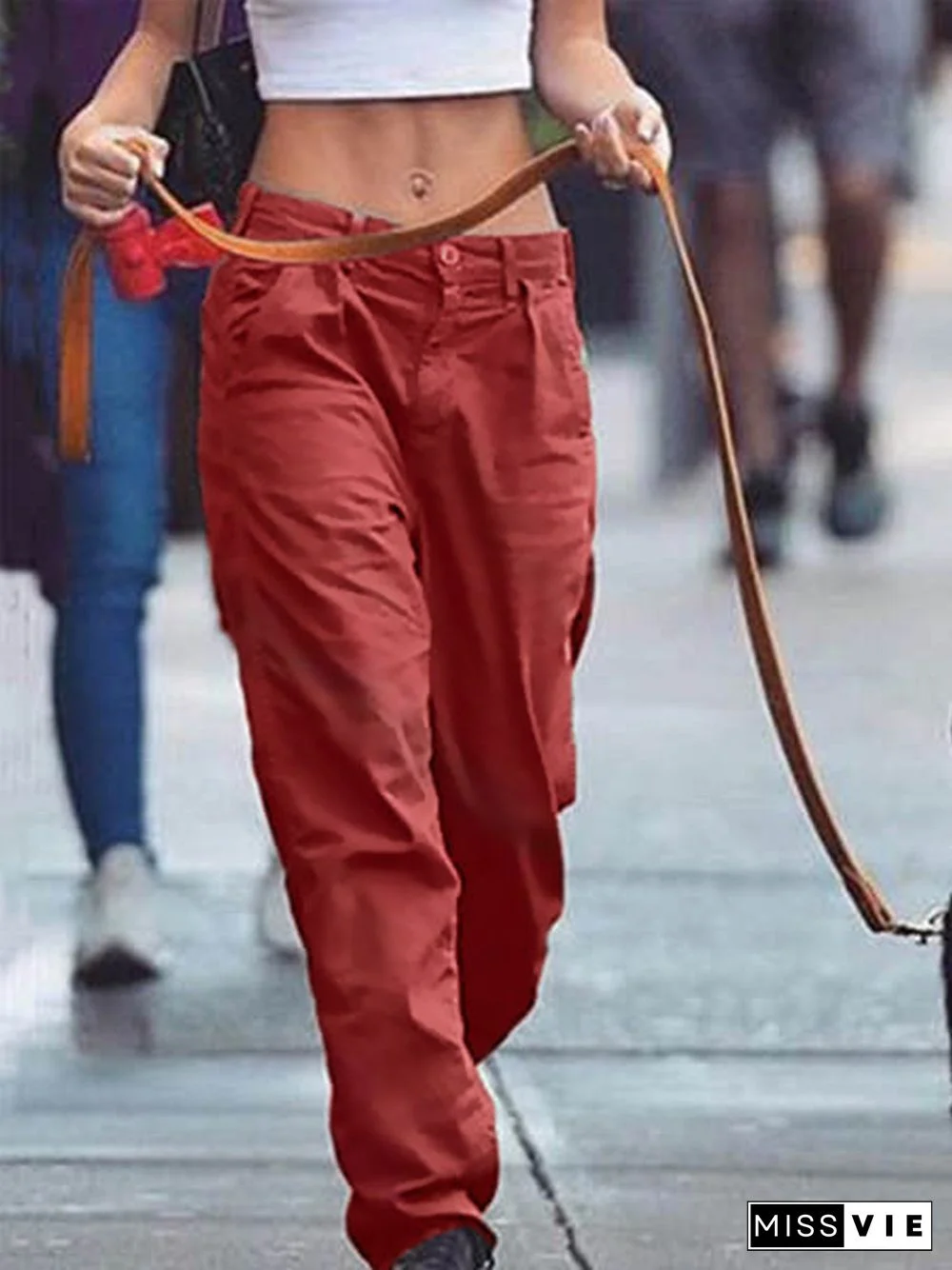 Women Casual Plain Pockets Low Rise Pants