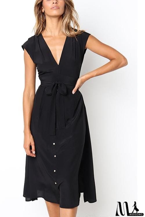 MidiSono - V Neck Tie Waist Dress