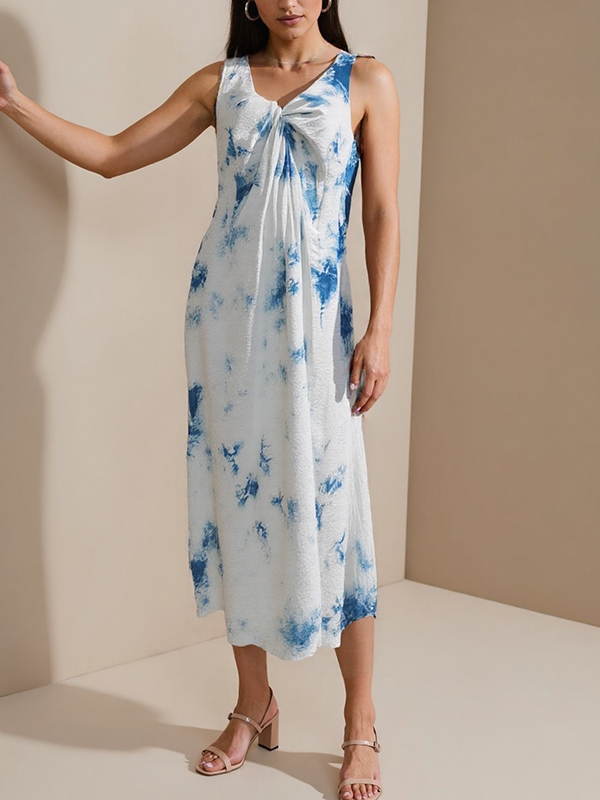 Hand-tie-dyed Sleeveless Ruched Trim Midi Dress