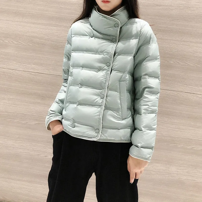 Ailegogo Winter Women Stand Collar Ultra Light Short Down Coat 90% White Duck Down Warm Single Breasted Jacket Lady Snow Outwear