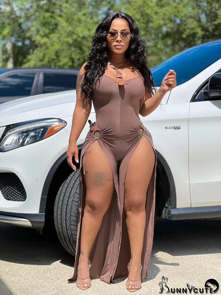 Sexy Solid Color Strap Slim Slit Jumpsuit