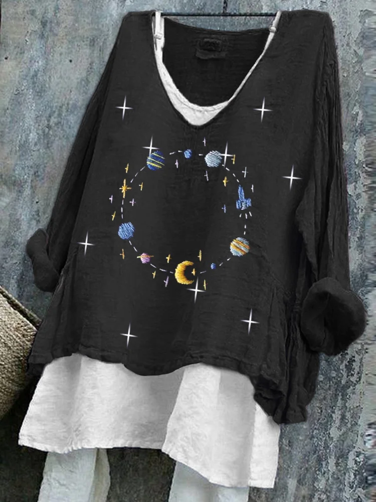 Women's Planets Inspired Embroidered Linen Blend Shirt