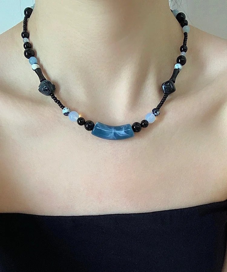 Handmade Blue Bamboo Joint Beading Gratuated Bead Necklace