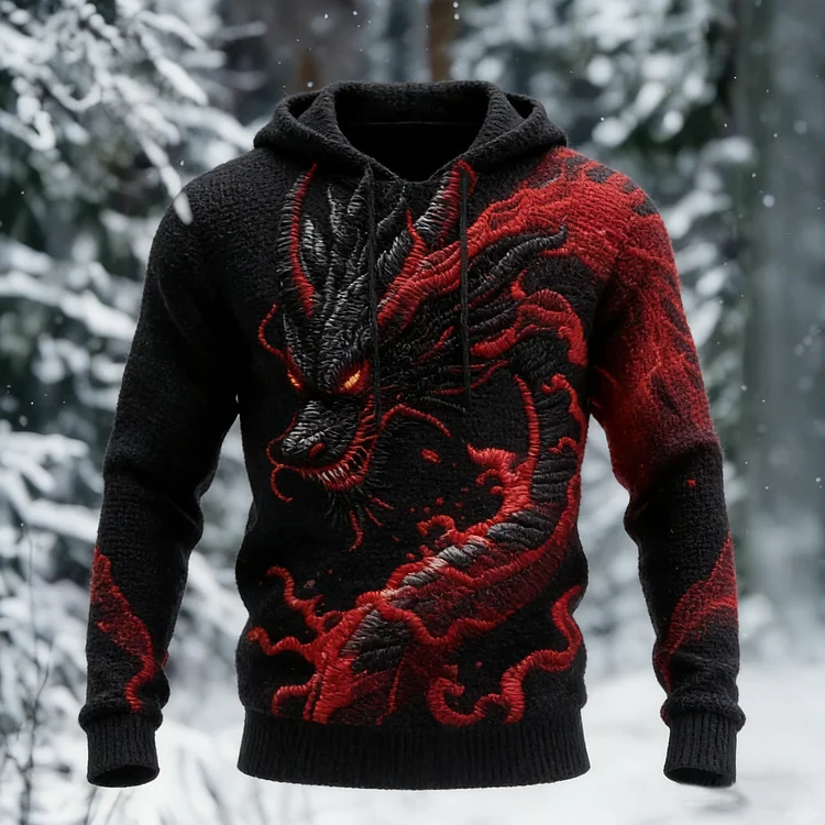 Dragon Pattern Men's Cozy Hooded Sweater