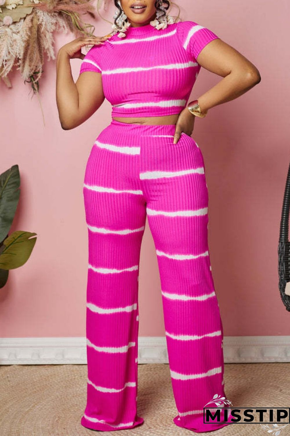 Black Casual Striped Print Basic O Neck Short Sleeve Two Pieces