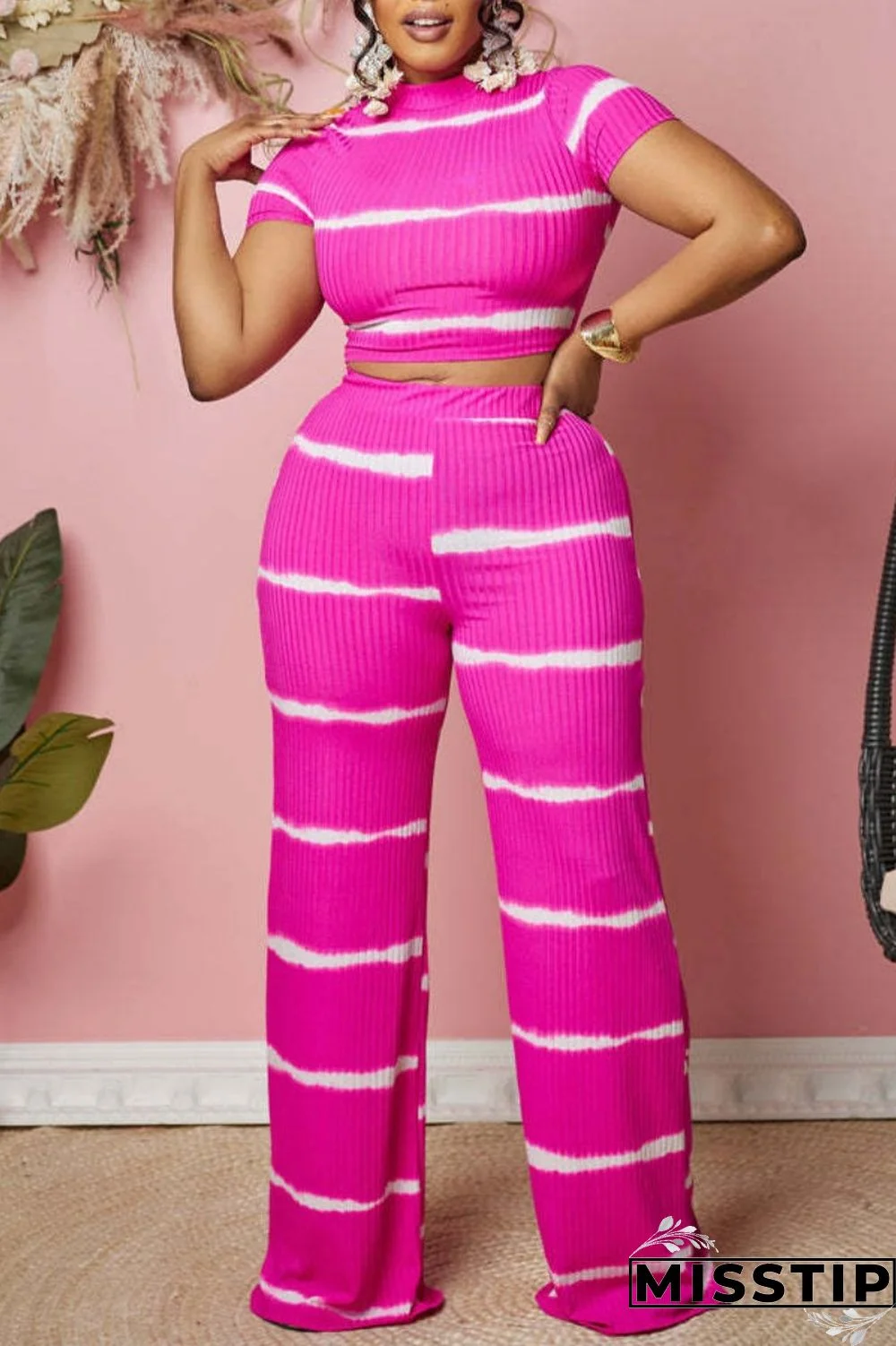 Black Casual Striped Print Basic O Neck Short Sleeve Two Pieces