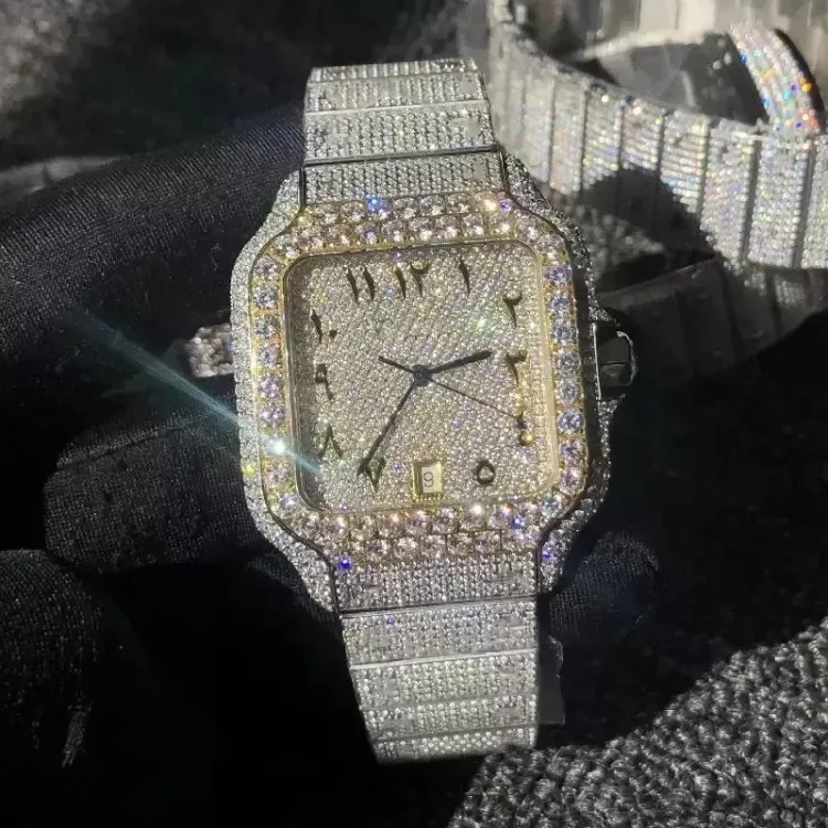 Hip Hop Bling Iced Out Square Dial Watches Crystals White Gold Stainless Steel Mens Silver Watch-VESSFUL