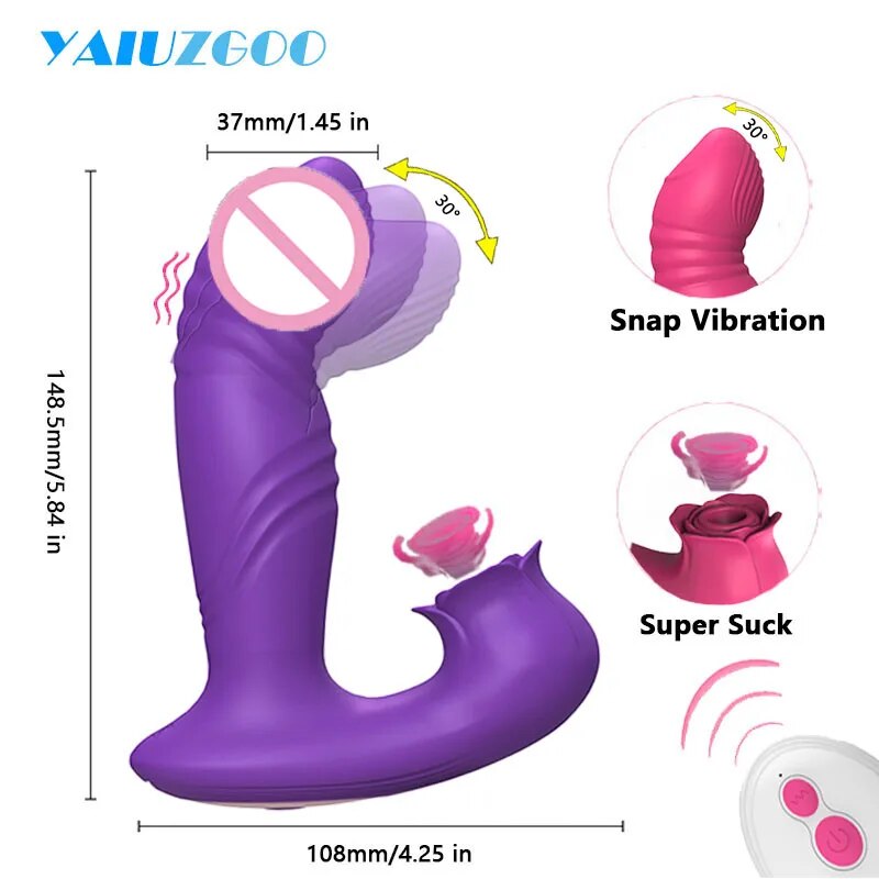 Fjernkontroll thrusting teleskopisk vibrator med klitoris sugestimulator