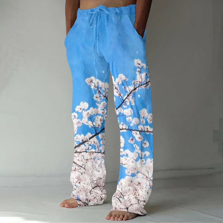 Japanese Vintage Cherry Blossoms Art Linen Blend Casual Pants