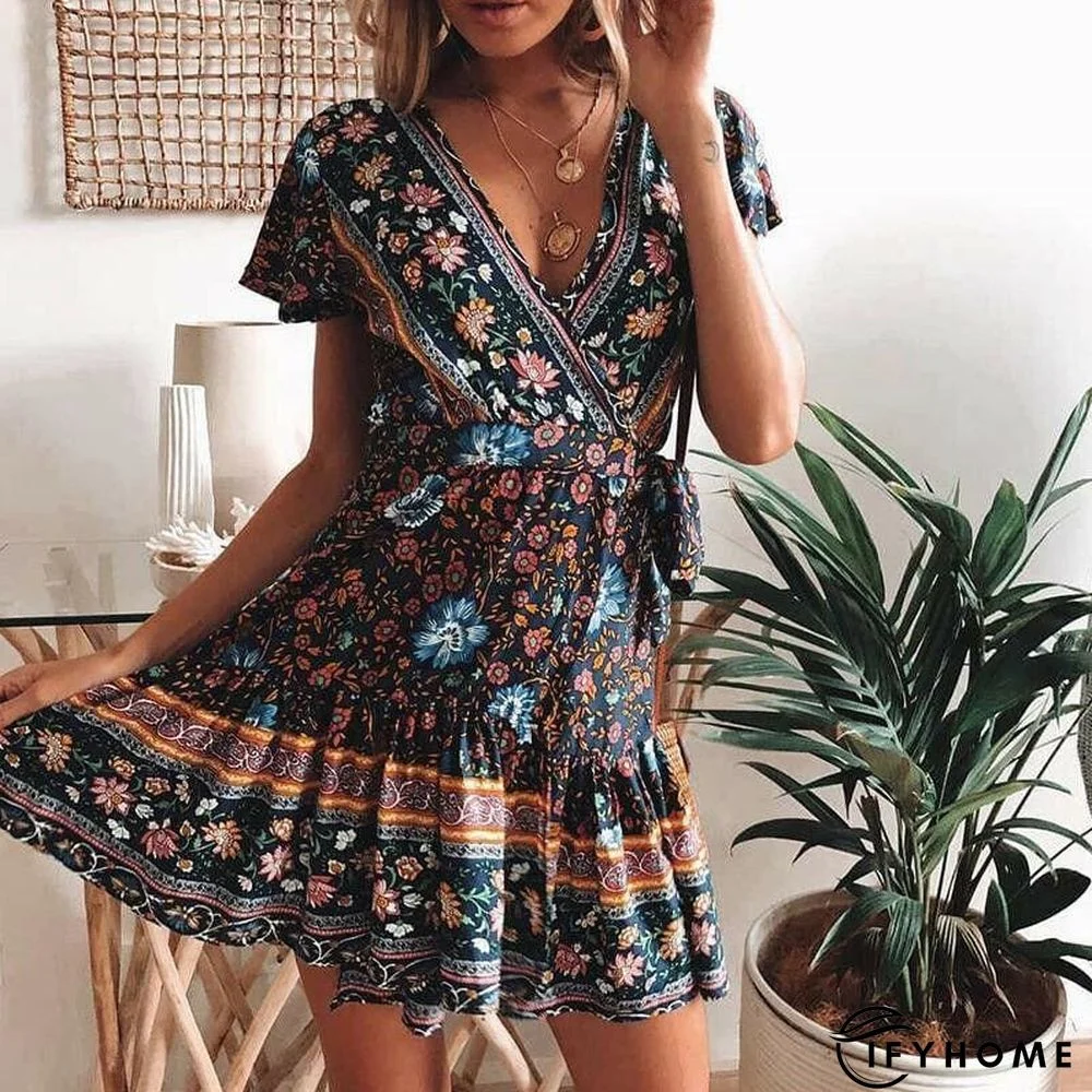 Vintage Women Short Sleeve Wrap Boho Floral Mini Dress Ladies Summer Sundress Holiday V neck Short Sleeve Print Dress | IFYHOME