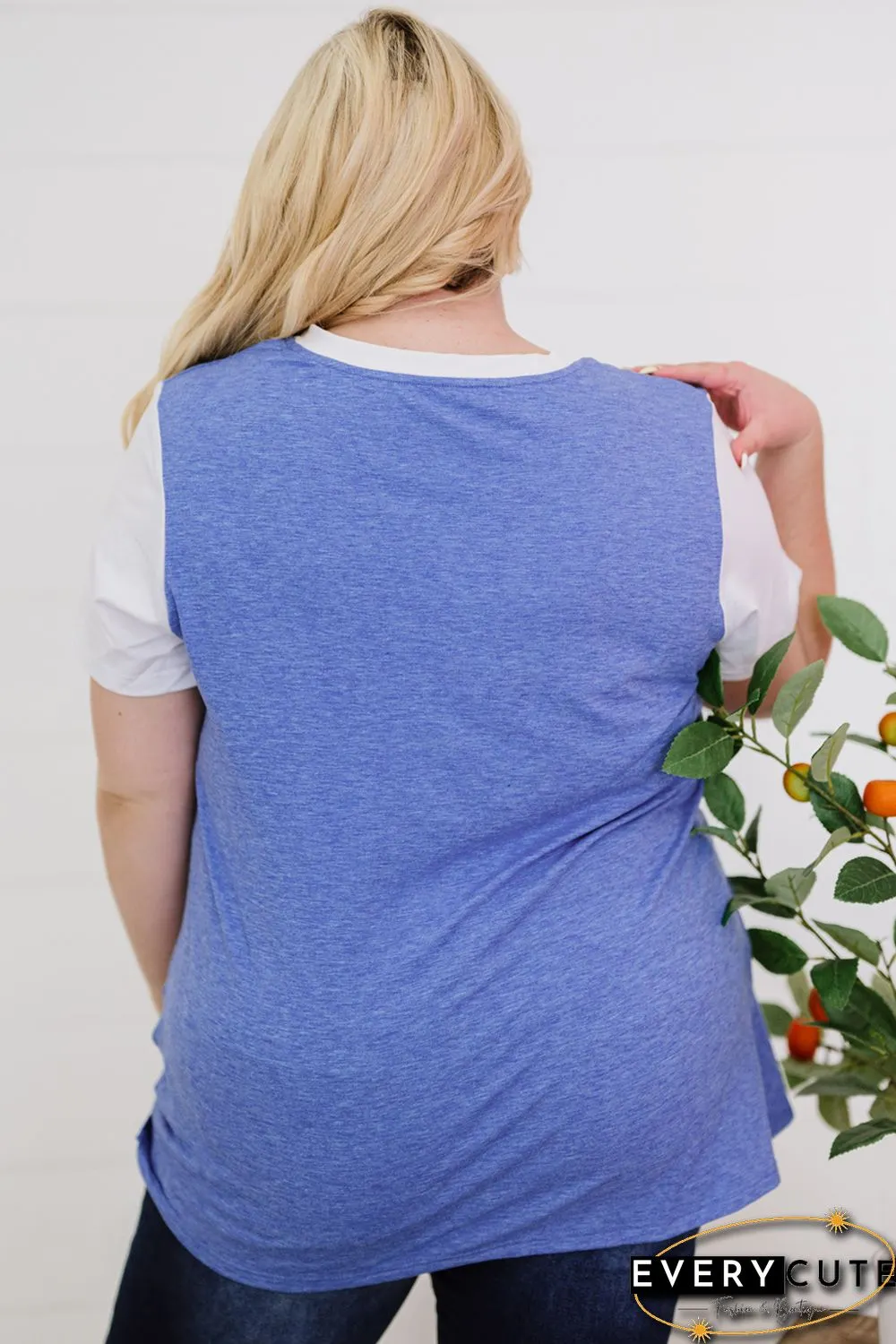 Sky Blue Plus Size Raglan Sleeve Colorblock Twist Top