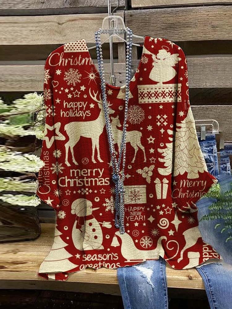 Women's Merry Christmas Tree Elk Printed Half Sleeve Top