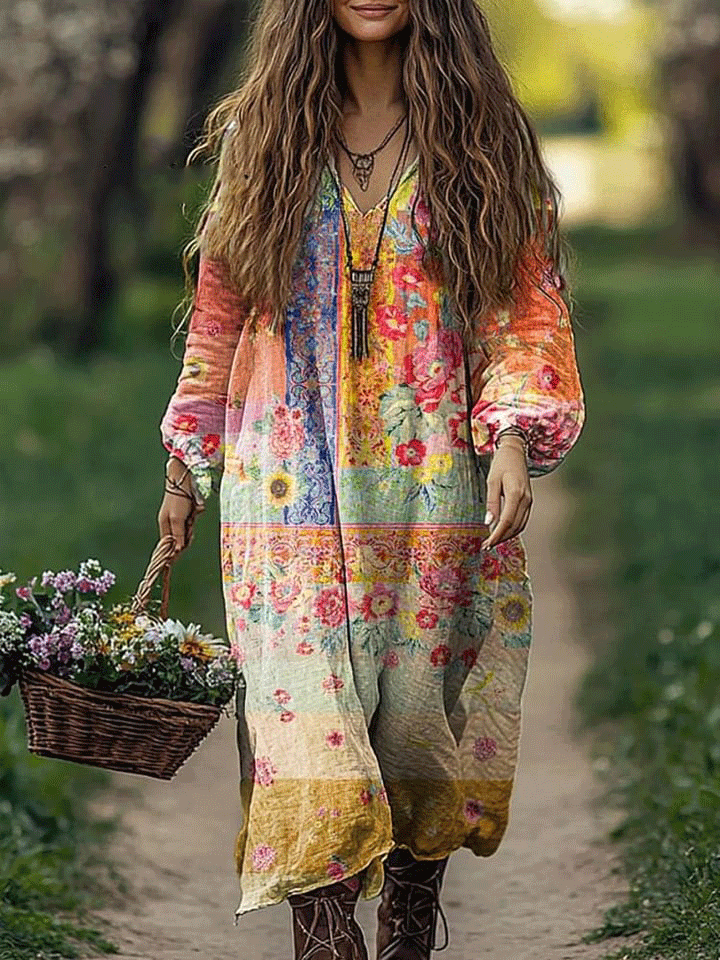 Women's Floral Patchwork Pattern Art Print Pocket Cotton V-neck Long Sleeve Dress