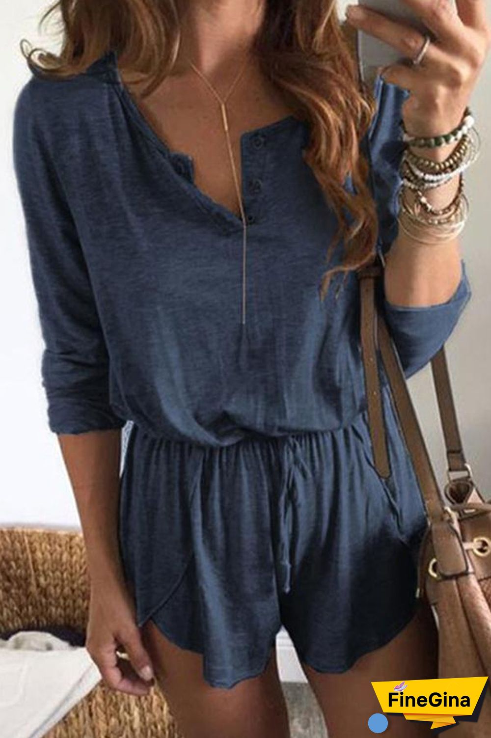 Solid Color Long Sleeve Tie Waist Romper P15011