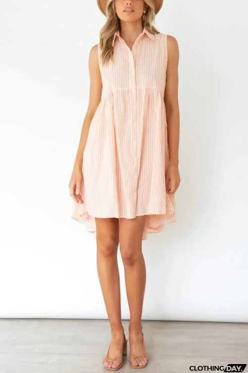 Chic Solid Lapel Sleeveless Buttons Slim Dress