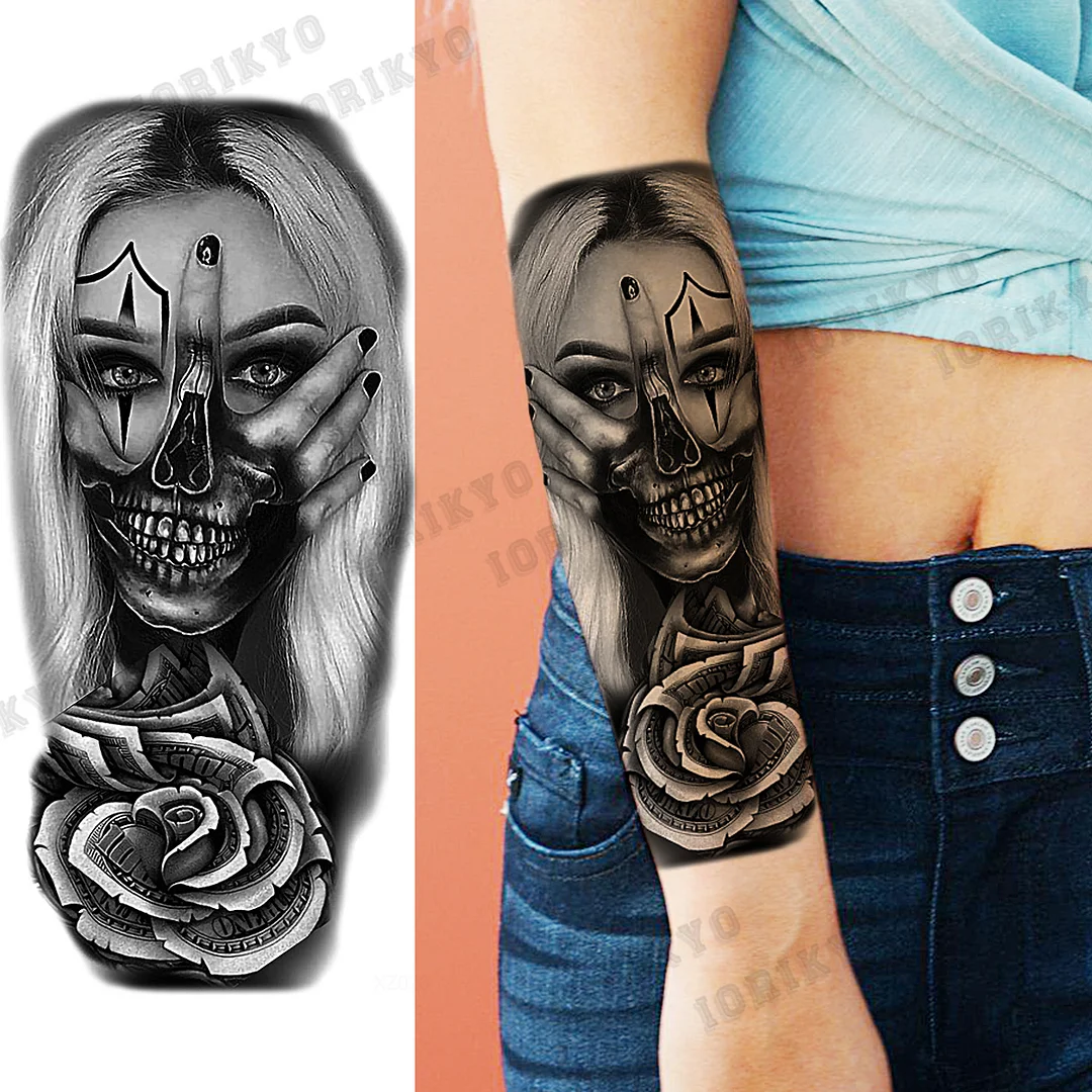 Sdrawing Devil Skeleton Temporary Tattoos For Men Adult Women Wolf Compass Gangster Fake Tattoo Washable Body Art Tatoo Sticker