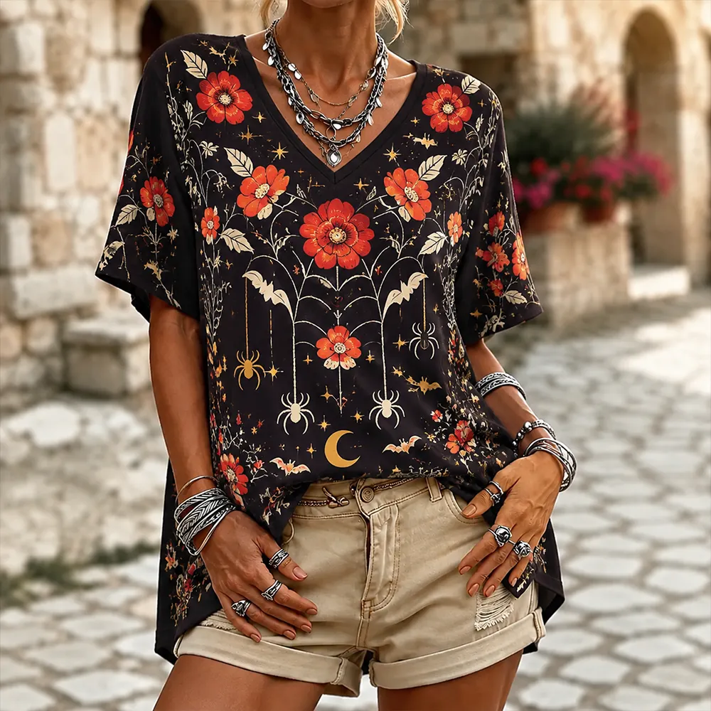 Comstylish Women's Casual Short Sleeve V-neck T-shirt With Gothic Red Floral, Spiderweb, And Bat Print