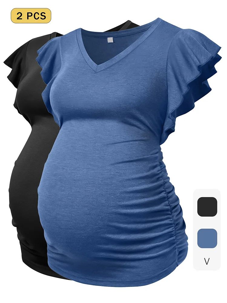2pcs Women's Maternity Elastic V-Neck Top | Women's Maternity Breathable Summer Fly Sleeves Casual Fashion Medium And Long Two-Piece T-Shirt - Perfect For Casual Wear & Loungewear - Ideal Gift For Expecting Mother