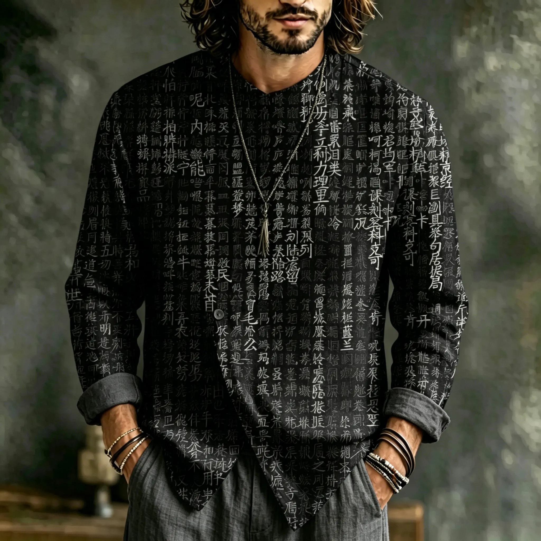 Men's Vintage Japanese Letters Art Print Flowy Linen Blend Casual Buttons Shirts  artssus