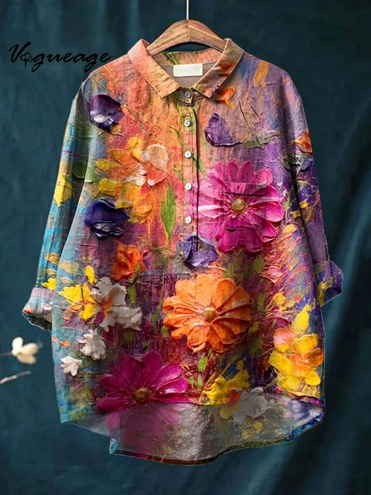 Bright Oil Painting Flowers Printed Cotton And Linen Shirt