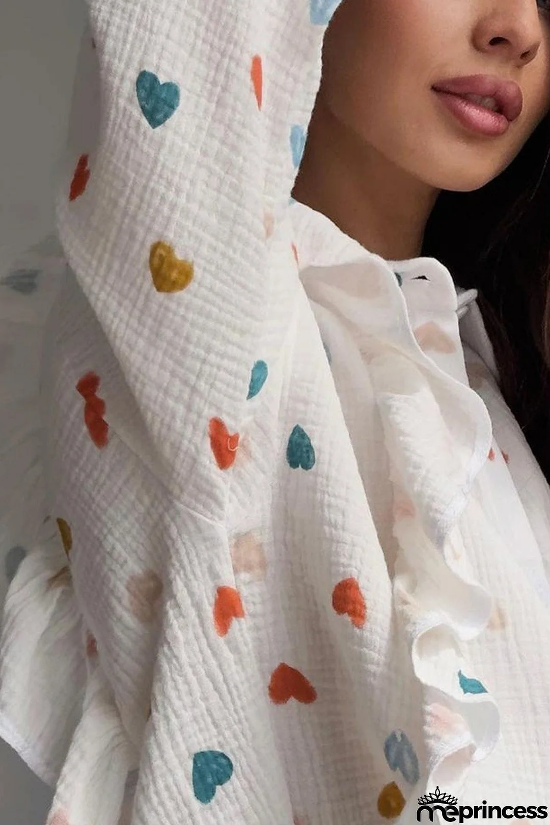 Heart Print Ruffle Long Sleeve Shirt Two Piece Shorts Set