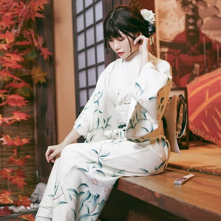 9 Pieces Vintage Japanese Leaves Print Kimono Set - Modakawa Modakawa