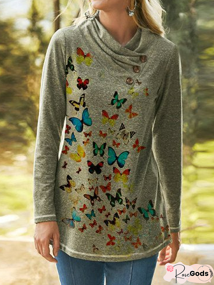 Fashion Long-Sleeved Butterfly Print Top