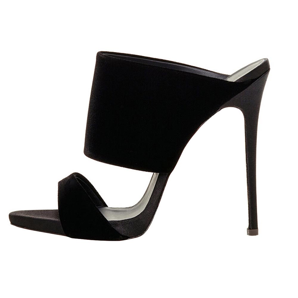 Black Vegan Suede Wide Strap Open Toe High Heel Mules Sandals