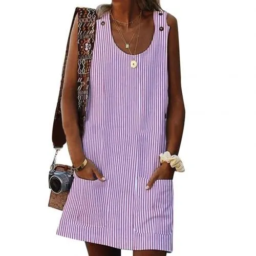 5XL Mini Summer Dress Women Summer Plus Size Striped Loose Sleeveless Mini Dress with Pockets Ladies Holiday Party Sundress