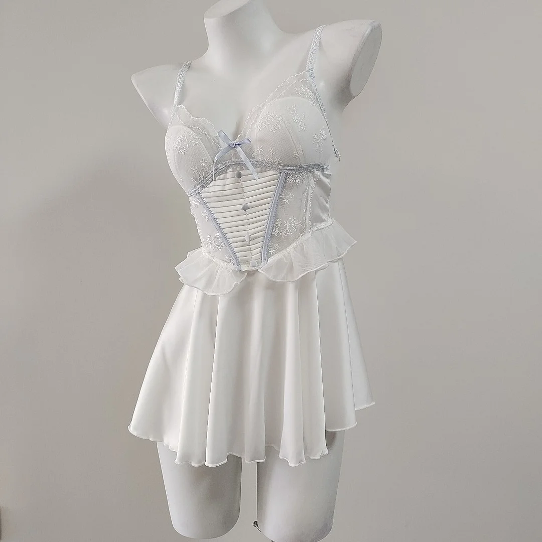 Brownm Brownm With Chest Cushion Pure Lust Wind Pajamas Female French Pure Lust Wind High-Grade Lace Perspective Thin Ice Ribbon Sling Skirt