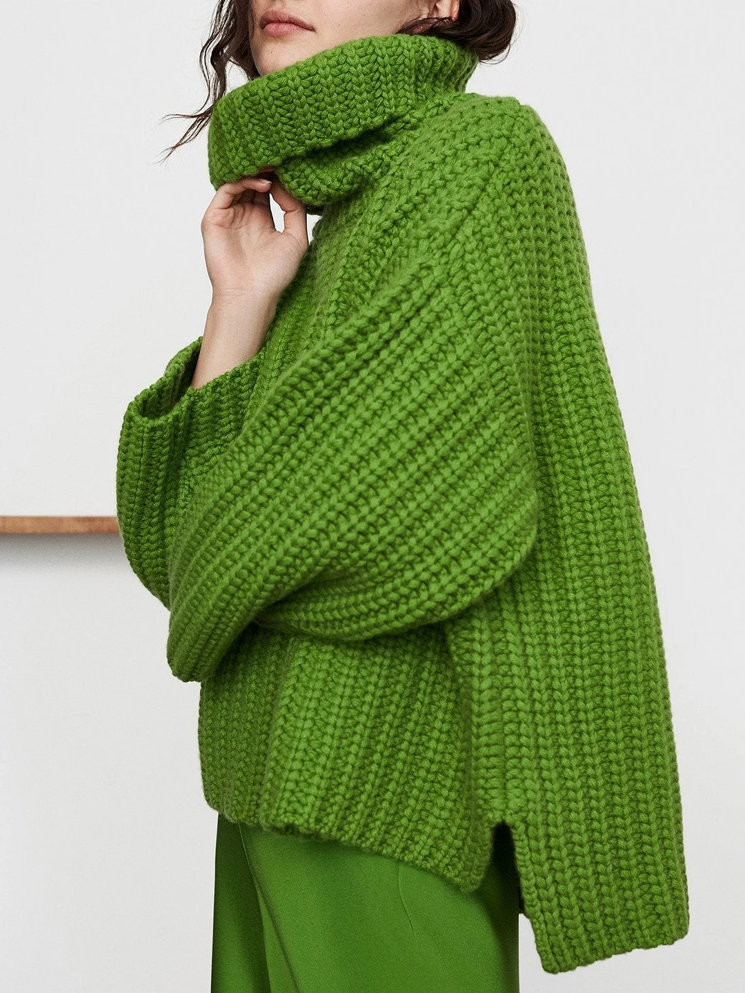 Green Turtleneck Knitted Casual Solid Sweater