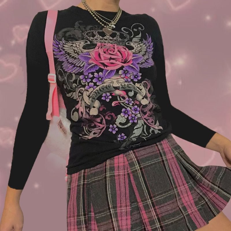 Xingqing Y2k Black Floral Tshirt Woman Harajuku Streetwear Sexy Ladies Tops Dark Egirl Gothic Grunge Clothes 2000s Fairycore Tee