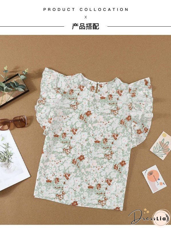 Feifei Floral Chiffon Printed Round Neck Shirt For Women
