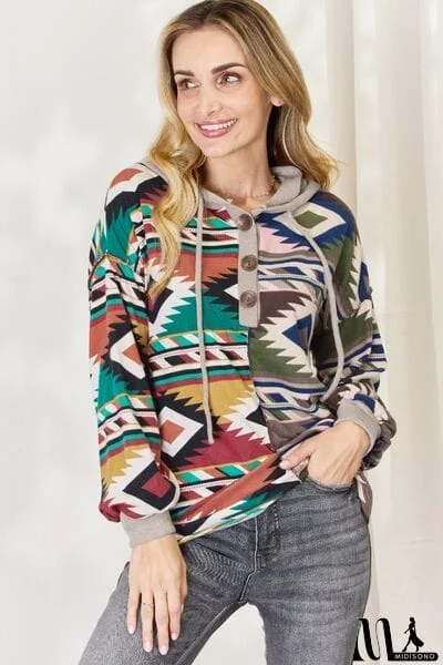 Celeste Full Size Geometric Exposed Seam Drawstring Hoodie