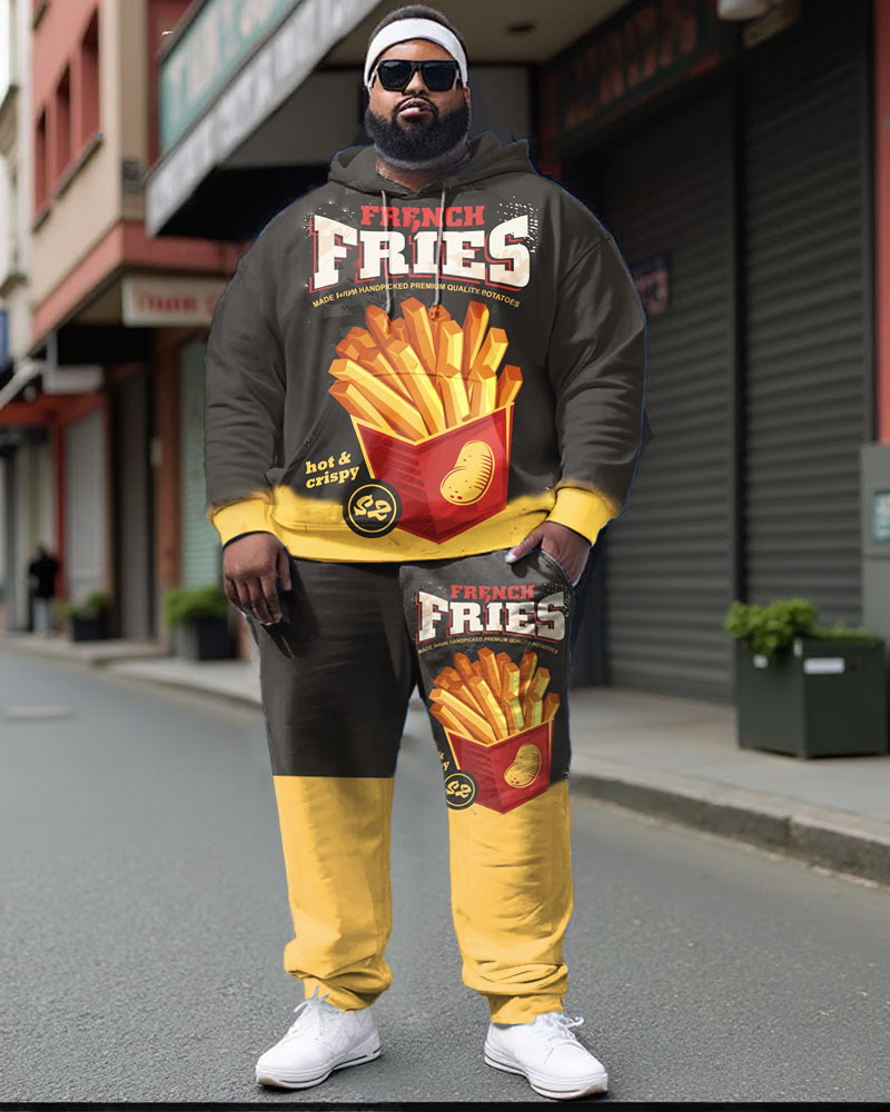 Men's Casual Retro French Fries Print Plus Size Hoodie Suit